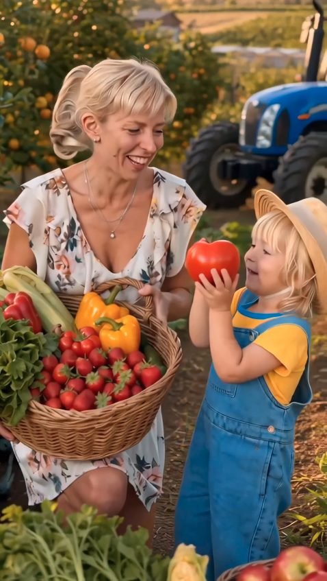 Mother and child with a basket of vegetables