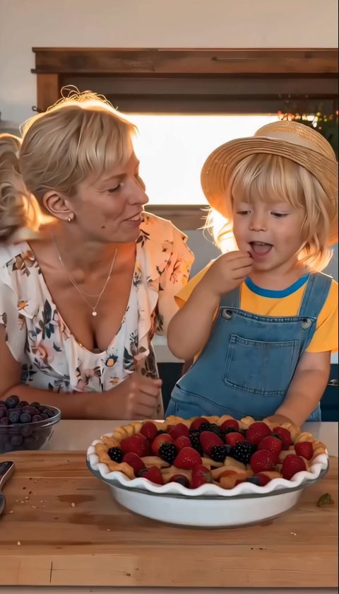 Child tasting a berry pie
